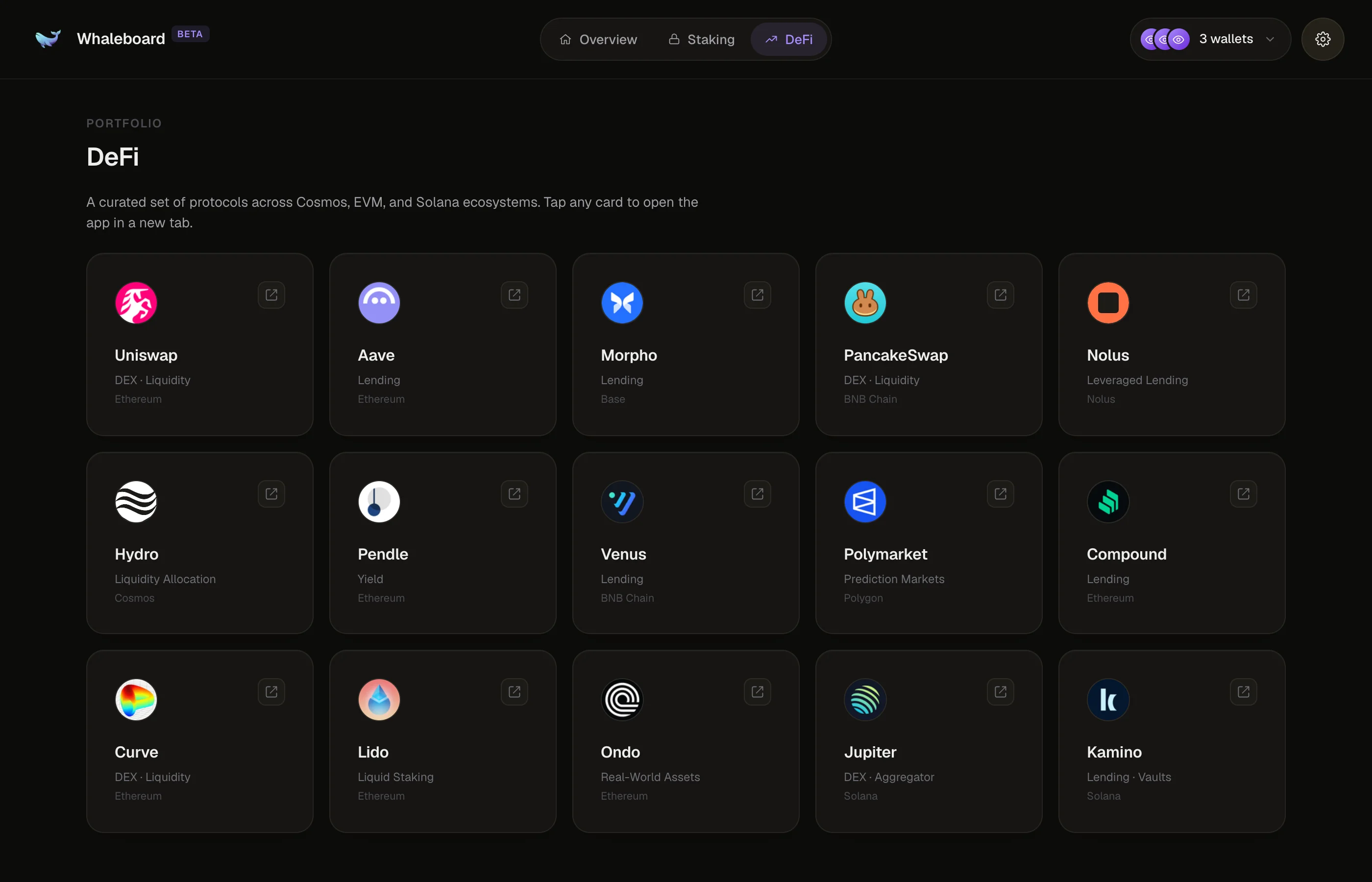 The DeFi tab with protocol cards