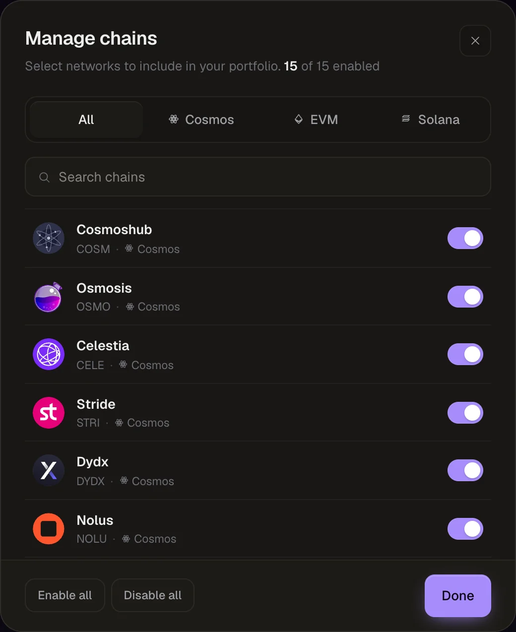 The Manage chains dialog