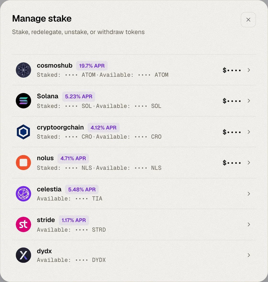 The Manage stake dialog listing chains with staked and available amounts