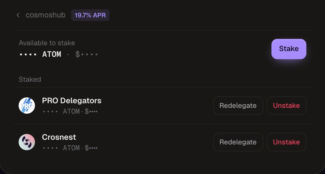Cosmos Hub in the Manage stake dialog, with Stake, Redelegate and Unstake buttons