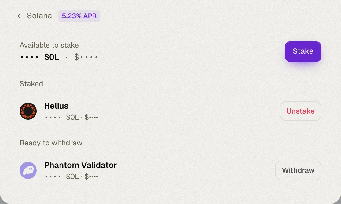 Solana in the Manage stake dialog with staked and ready-to-withdraw stake accounts