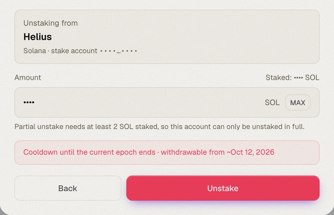 Unstaking a Solana stake account, withdrawable once the current epoch ends