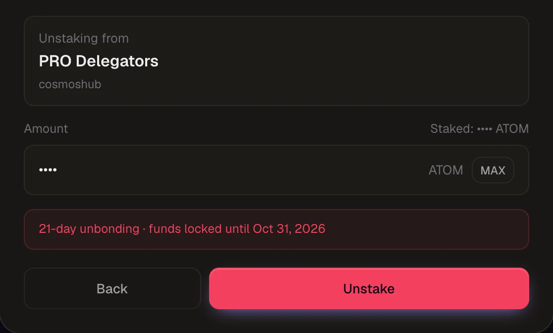 Unstaking from a Cosmos validator, with the unbonding period and unlock date