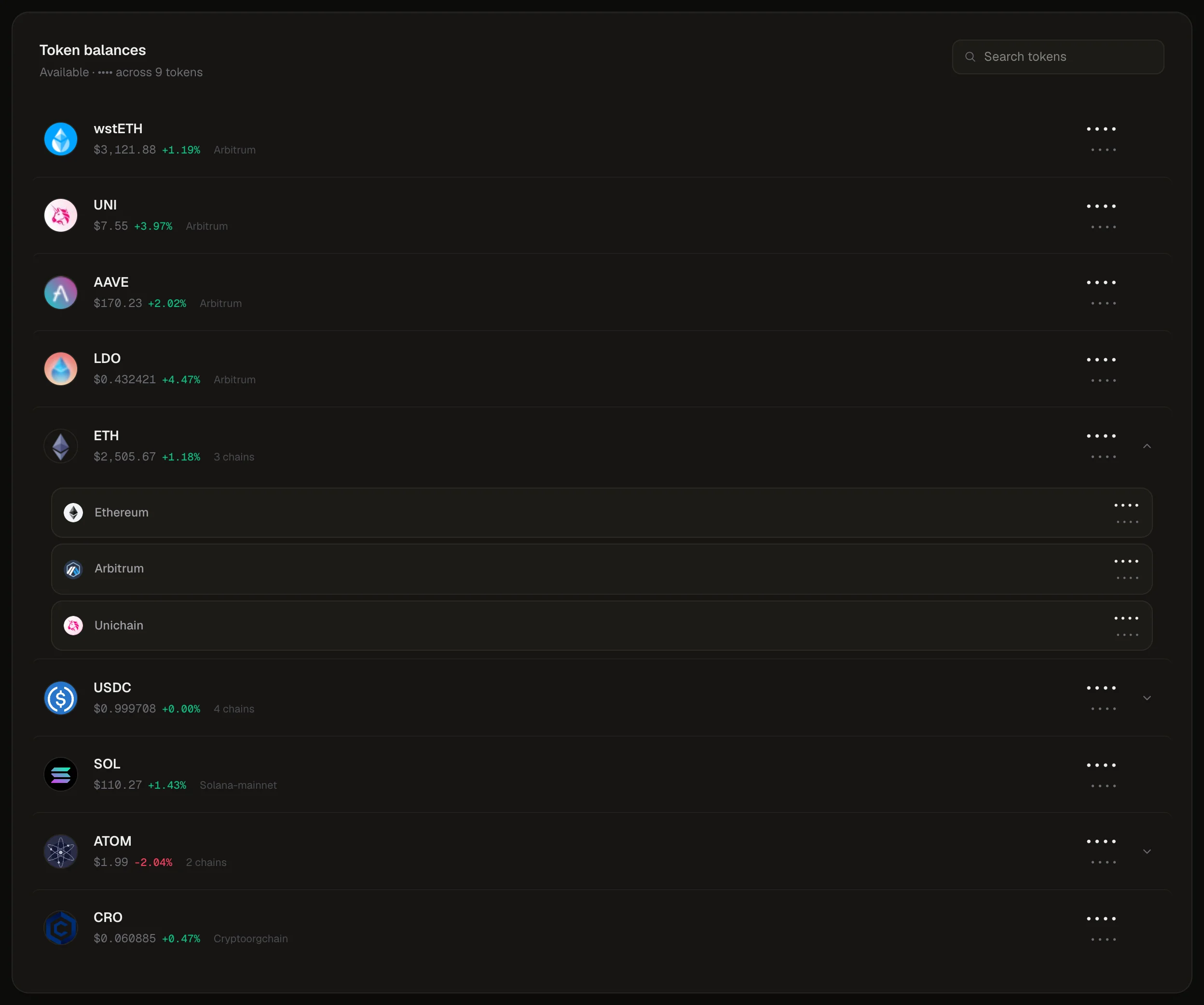 Token balances with ETH expanded to show Ethereum, Arbitrum and Unichain