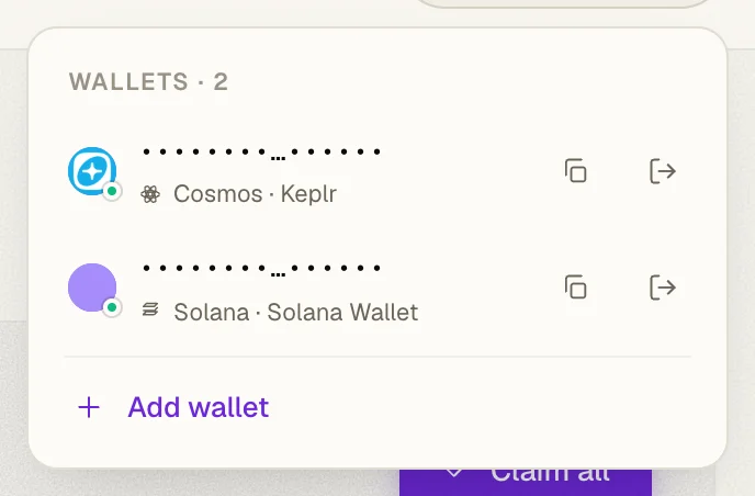 The wallet menu with a Cosmos and a Solana wallet connected, and an Add wallet button
